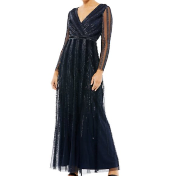 MAC DUGGAL ILLUSIONS A-LINE LONG SLEEVE MIDNIGHT NAVY GOWN sz 8 - Picture 1 of 7